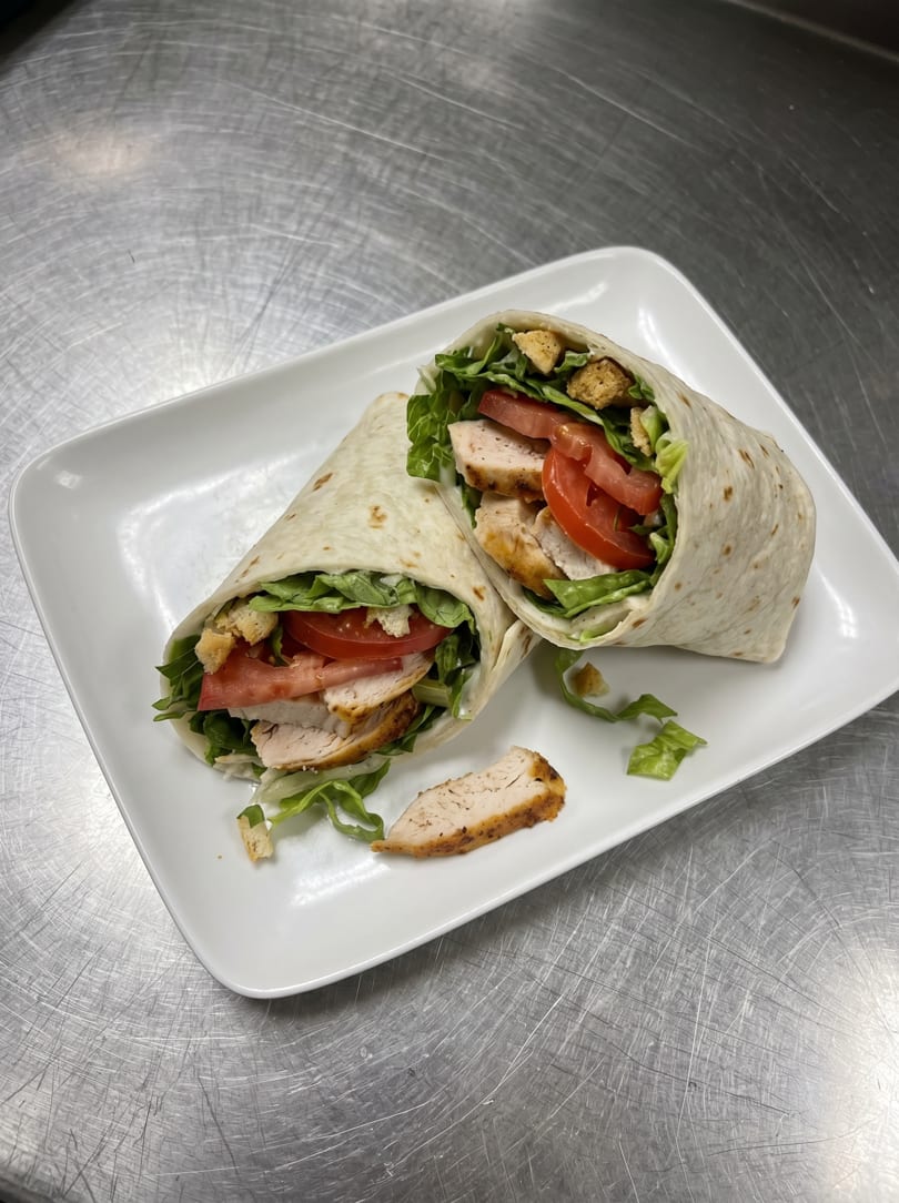 Two chicken Caesar wraps, filled with lettuce, tomatoes, and croutons, on a white rectangular plate.